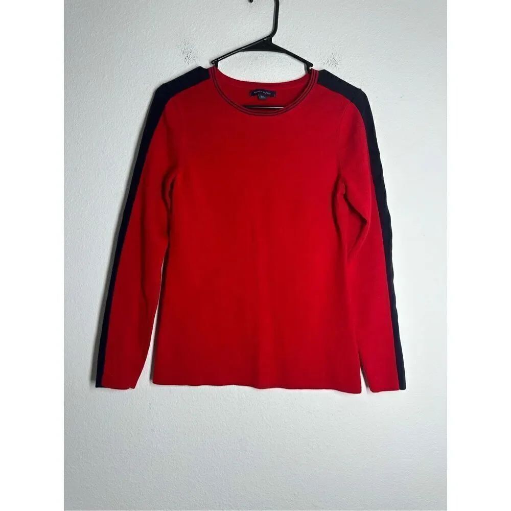 Tommy Hilfiger Women’s Red Knit Sweater Size L 100% Cotton Long Sleeve Logo